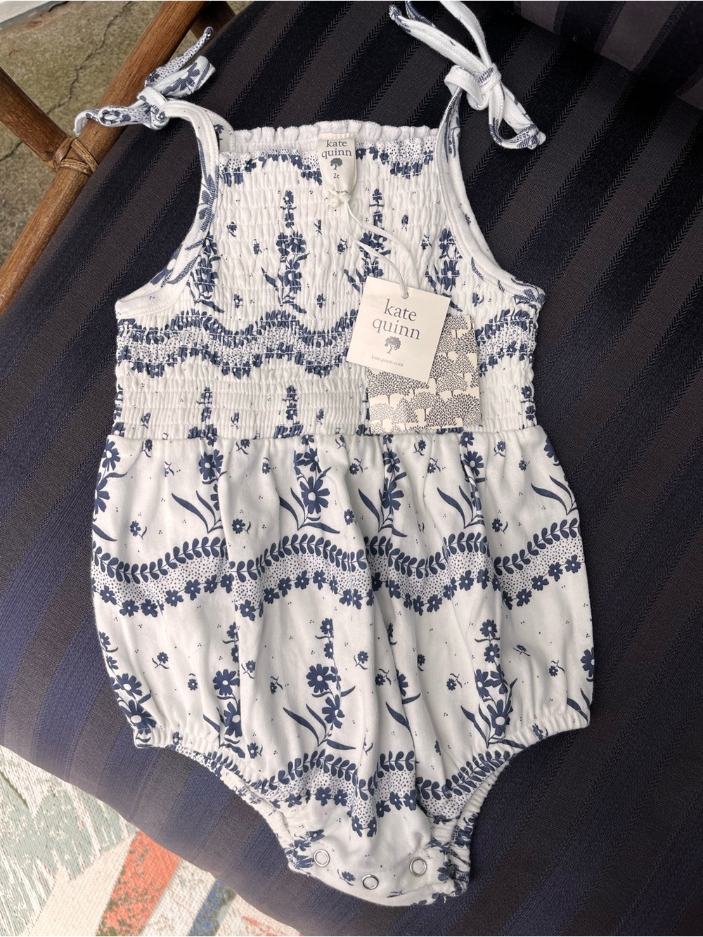 kate quinn White & Navy Floral Smocked Romper